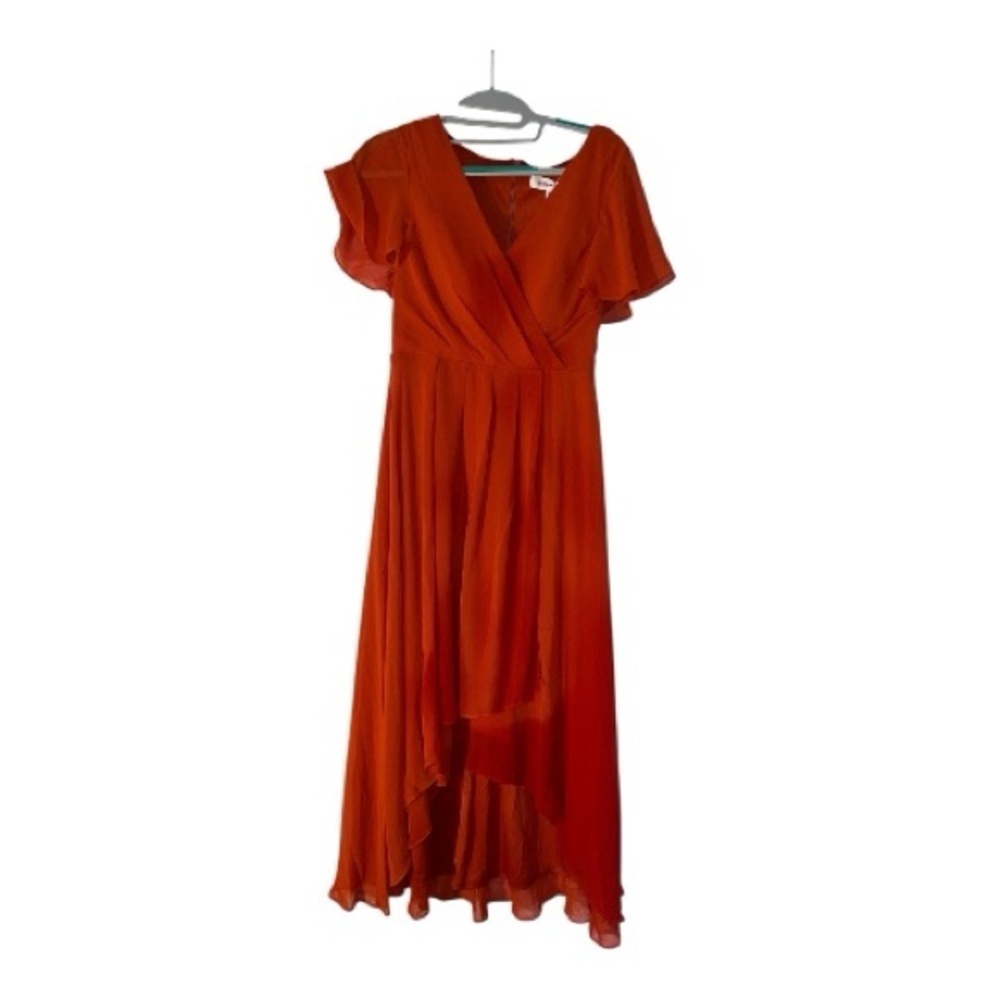 V Neck Asymmetrical Hem Ruffles Sleeve Pleated Chiffon - Picture 3 of 10